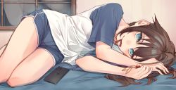 Rule 34 | 1girl, ahoge, alternate costume, alternate hairstyle, blue eyes, brown hair, casual, cellphone, check commentary, commentary request, hair down, hair flaps, hair ornament, unworn hair ornament, highres, kantai collection, kumanoko, looking at viewer, lying, on side, phone, shigure (kancolle), shirt, shorts, sidelocks, smartphone, solo, t-shirt