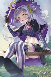 Rule 34 | 1girl, absurdres, bird, black capelet, black skirt, blush, breasts, broom, broom riding, capelet, cropped shirt, flying, frilled skirt, frills, hair bun, hat, highres, holding, holding wand, hololive, long hair, looking at viewer, murasaki shion, navel, open mouth, pinstripe pattern, pinstripe shirt, pleated skirt, purple hair, purple thighhighs, shirt, single side bun, sitting, skirt, small breasts, smile, solo, striped clothes, striped shirt, striped thighhighs, thighhighs, thighs, tilted headwear, vertical-striped clothes, vertical-striped shirt, vertical-striped thighhighs, virtual youtuber, wand, witch, witch hat, yellow eyes, yoshidadon