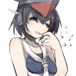 Rule 34 | 1girl, bad id, bad pixiv id, bare arms, bare shoulders, black hair, blue one-piece swimsuit, blush, breasts, brown eyes, collarbone, flying sweatdrops, framed breasts, grey hat, hair between eyes, hand to own mouth, hand up, hat, headphones, highres, i-14 (kancolle), kantai collection, medium breasts, one-piece swimsuit, parted lips, sailor collar, simple background, smile, solo, swimsuit, u-non (annon&#039;an), white background, white neckwear, white sailor collar