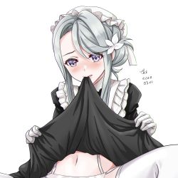 Rule 34 | 1girl, alternate costume, asymmetrical bangs, black dress, clothes lift, dress, dress lift, enmaided, gloves, kantai collection, lifted by self, long hair, maid, mouth hold, purple eyes, sagiri (kancolle), silver hair, solo, swept bangs, thighhighs, tk8d32, white gloves, white thighhighs