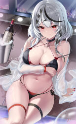 Rule 34 | 1girl, arm under breasts, bikini, black bikini, black collar, bottle, breasts, bucket, closed mouth, collar, cyicheng, grey hair, hair ornament, hairpin, hololive, ice, ice cube, large breasts, looking at viewer, medium hair, multicolored hair, nail polish, navel, pool, poolside, red eyes, red nails, sakamata chloe, sitting, solo, stomach, streaked hair, swimsuit, thighs, virtual youtuber, wet, window, wine bottle, x hair ornament