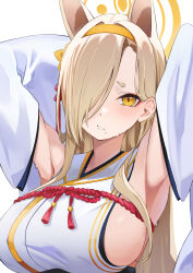 Rule 34 | 1girl, absurdres, animal ears, armpits, arms up, blonde hair, blue archive, blush, breasts, detached sleeves, eyeshadow, fox ears, hair over one eye, hairband, halo, highres, japanese clothes, kaho (blue archive), kimono, large breasts, long hair, looking at viewer, makeup, mole, mole under mouth, orange hairband, orange halo, pink eyeshadow, red rope, rope, sideboob, simple background, soar sora222, solo, thick eyebrows, upper body, white background, yellow eyes, yellow halo