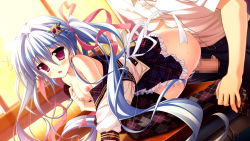 Rule 34 | 1girl, blue hair, blush, breasts, censored, collarbone, game cg, hair ornament, long hair, luluna, magical marriage lunatics!!, moonstone, nipples, open mouth, ornament, penis, purple eyes, ribbon, sex, thighhighs, twintails, twintails, underwear, vaginal, yamakaze ran