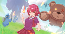 Rule 34 | animal ears, annie (league of legends), bag, breasts, collared shirt, day, dragon, fake animal ears, fire, grass, green eyes, half-closed eyes, highres, league of legends, light smile, looking at viewer, outdoors, purple hair, shirt, short hair, skirt, sky, smile, stuffed animal, stuffed toy, sweater vest, teddy bear, tibbers, yeyufeng