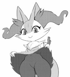 Rule 34 | 1girl, animal ear fluff, animal ears, box (hajimeyou654), braixen, cleft of venus, closed mouth, cowboy shot, creatures (company), female focus, flat chest, fox ears, fox tail, furry, furry female, game freak, gen 6 pokemon, gluteal fold, greyscale, halftone, hands up, happy, highres, jpeg artifacts, lifting own clothes, looking at viewer, monochrome, navel, nintendo, no humans, pokemon, pokemon (creature), pussy, simple background, smile, solo, standing, stick, tail, thick thighs, thighs, third-party edit, uncensored, white background