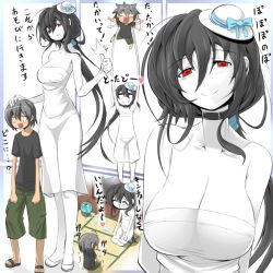 Rule 34 | 1boy, 1girl, 2channel, bare shoulders, black hair, breasts, chibi, child, choker, cleavage, ghost, hasshaku-sama, hat, kara age, large breasts, monster girl, multiple views, open mouth, original, pale skin, red eyes, shorts, smile, takaonna, tears, thumbs up, tongue