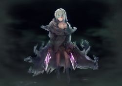 Rule 34 | 1girl, alternate form, avenger class (fate), cleaver, cloak, dual wielding, fate/grand order, fate (series), fog, gloves, green eyes, grey hair, hair over one eye, highres, holding, jack the ripper (fate/apocrypha), off shoulder, pidjun, scar, solo, weapon