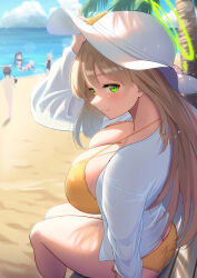 Rule 34 | 5girls, ayane (blue archive), ayane (swimsuit) (blue archive), beach, bench, bikini, blue archive, breasts, cloud, cloudy sky, day, flower, foreclosure task force (blue archive), frilled bikini, frills, green eyes, green halo, halo, hamachikichiki, hat, hat flower, highres, horizon, hoshino (blue archive), hoshino (swimsuit) (blue archive), inflatable toy, inflatable whale, jacket, large breasts, light brown hair, multiple girls, nonomi (blue archive), nonomi (swimsuit) (blue archive), ocean, official alternate costume, outdoors, palm tree, pink halo, red halo, sand, see-through, see-through jacket, serika (blue archive), serika (swimsuit) (blue archive), shiroko (blue archive), shiroko (swimsuit) (blue archive), side-tie bikini bottom, sky, smile, solo focus, sun hat, swimsuit, tree, twintails, white bikini, white hat, yellow bikini
