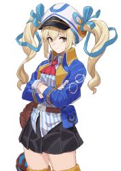 Rule 34 | 1girl, ascot, belt, belt pouch, black skirt, blonde hair, blue jacket, blue ribbon, blue shirt, breasts, brown belt, cabbie hat, closed mouth, collared shirt, cowboy shot, crossed arms, gloves, hair ribbon, hat, highres, jacket, long hair, looking at viewer, megido72, michitaro smile, miniskirt, open clothes, open jacket, pleated skirt, pouch, red ascot, ribbon, shirt, simple background, skirt, small breasts, smile, solo, striped clothes, striped shirt, thighs, twintails, two-tone shirt, vepar (megido72), vertical-striped clothes, vertical-striped shirt, white background, white gloves, white hat, white shirt, wing collar, yellow eyes