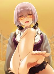 Rule 34 | 10s, :d, barefoot, blouse, commentary request, feet, gridman universe, hair between eyes, looking at viewer, open mouth, sanom, shinjou akane, shirt, short hair, smile, soles, solo, ssss.gridman, sunglasses, tinted eyewear, toes, white shirt, yellow-tinted eyewear, yellow-tinted glasses