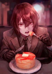 Rule 34 | 1boy, akechi gorou, bishounen, black gloves, booth seating, brown hair, brown jacket, butter, commentary, cutlery, dated commentary, diagonal-striped clothes, diagonal-striped necktie, eyelashes, food, fork, gloves, hair between eyes, holding, holding fork, holding knife, jacket, knife, long sleeves, looking at viewer, male focus, maple syrup, necktie, open mouth, pancake, pancake stack, persona, persona 5, red eyes, sekiyu inu, shirt, short hair, sitting, solo, striped clothes, upper body