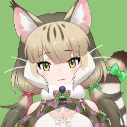Rule 34 | 1girl, animal costume, animal ear fluff, animal ears, bow, bowtie, breasts, cat ears, cat girl, cat tail, closed mouth, green eyes, grey hair, jungle cat (kemono friends), kemono friends, kemono friends v project, large breasts, long hair, looking at viewer, microphone, official art, ribbon, shirt, simple background, smile, solo, tail, twintails, virtual youtuber, yoshizaki mine