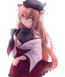 Rule 34 | 1girl, alternate costume, asymmetrical clothes, beret, black hat, blonde hair, bodysuit, breasts, commentary request, dress, hair between eyes, hair flaps, hair ribbon, hat, heterochromia, highres, hirune (konekonelkk), japanese clothes, kantai collection, large breasts, long hair, looking at viewer, miko, murasame (kancolle), murasame kai ni (kancolle), nontraditional miko, off-shoulder dress, off shoulder, open mouth, orange eyes, red eyes, ribbon, sidelocks, simple background, solo, white background