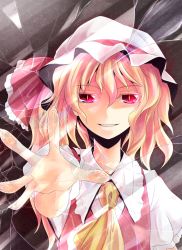 Rule 34 | 1girl, ascot, blonde hair, crack, face, female focus, flandre scarlet, foreshortening, fourth wall, hat, kakao (noise-111), outstretched hand, red eyes, ribbon, short hair, side ponytail, slit pupils, solo, touhou