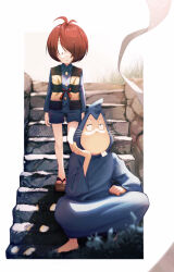 Rule 34 | . ., 2boys, ahoge, barefoot, brown hair, chihiro (shadow199912), commentary request, day, feet, gegege no kitarou, hair over one eye, hand on own face, highres, kitarou, male focus, multiple boys, nezumi otoko, one eye covered, outdoors, sandals, short hair, sitting, stairs, teeth, whiskers