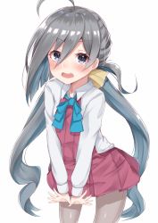 Rule 34 | 10s, 1girl, absurdres, ahoge, blue hair, blush, bow, bowtie, brown pantyhose, coffeedog, dress, grey eyes, grey hair, hair between eyes, highres, kantai collection, kiyoshimo (kancolle), long hair, looking at viewer, low twintails, multicolored hair, open mouth, pantyhose, shirt, simple background, sleeveless, sleeveless dress, solo, twintails, very long hair, white background, white shirt