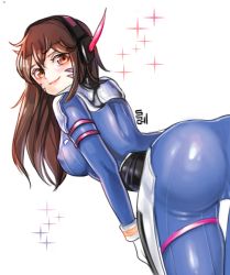 Rule 34 | 1girl, ass, back, bad id, bad pixiv id, blue bodysuit, blush, bodysuit, breasts, brown hair, cameltoe, covered erect nipples, d.va (overwatch), dolechan, eye contact, facepaint, facial mark, from behind, hair between eyes, headphones, high collar, long hair, looking at another, looking at viewer, looking back, medium breasts, nose, overwatch, overwatch 1, pilot suit, pink lips, ribbed bodysuit, shoulder pads, sideboob, simple background, skin tight, smile, solo, standing, swept bangs, whisker markings, white background