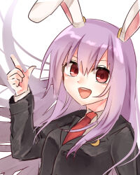Rule 34 | 1girl, :d, animal ears, black jacket, blazer, buttons, collared shirt, crescent, crescent pin, hair between eyes, index finger raised, jacket, light purple hair, long hair, long sleeves, looking to the side, necktie, open mouth, rabbit ears, rabbit girl, red eyes, red necktie, reisen udongein inaba, rena (ke), shirt, simple background, smile, solo, teeth, touhou, upper body, upper teeth only, very long hair, white background, white shirt