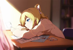 Rule 34 | 10s, 1girl, ayase eli, blonde hair, blue eyes, blurry, chair, depth of field, desk, hair ribbon, long sleeves, love live!, love live! school idol project, ogipote, ponytail, ribbon, sheet music, sitting, smile, solo