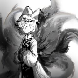 Rule 34 | 1girl, da kong moshu shi, dress, fox girl, fox tail, frilled hat, frills, greyscale, hair over one eye, hat, highres, kitsune, kyuubi, long sleeves, monochrome, multiple tails, parted lips, short hair, simple background, solo, tabard, tail, touhou, white background, yakumo ran