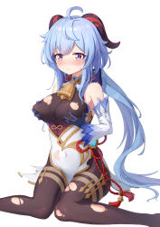 Rule 34 | 1girl, absurdres, ahoge, bare shoulders, bell, black gloves, black legwear, blue hair, blush, grabbing another&#039;s breast, breasts, covered navel, detached sleeves, ganyu (genshin impact), genshin impact, gloves, gold trim, grabbing, grabbing own breast, highres, horns, large breasts, long hair, neck bell, nose blush, purple eyes, sidelocks, simple background, sitting, solo, tears, torn clothes, torn legwear, very long hair, vision (genshin impact), wariza, wavy mouth, white background, white sleeves, yansuiyuluo