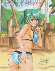 Rule 34 | 1girl, 2022, absurdres, apple, ass, banana, bikini, blue bikini, box, breasts, dead or alive, finger to mouth, food, fruit, green hair, hand on ass, highres, large breasts, multicolored hair, palm tree, pineapple, ravernclouk design, solo, swimsuit, tagme, tamaki (doa), tree, two-tone hair, watermelon, wooden box