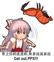 Rule 34 | &gt;:&lt;, 1girl, :&lt;, bilingual, bow, chinese text, closed mouth, commentary request, english text, engrish text, fujiwara no mokou, hair bow, hair ribbon, jokanhiyou, long hair, meme, mixed-language text, motion lines, multi-tied hair, pink hair, ranguage, red eyes, ribbon, shirt, short sleeves, shrimp, solo, suspenders, touhou, translation request, v-shaped eyebrows, white background, white shirt