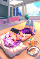 Rule 34 | 10s, 1girl, absurdres, blush, candy, chair, chips (food), choker, city, cloud, d-pad, day, eating, food, game console, hair ornament, handheld game console, highres, indoors, looking at viewer, lying, neptune (neptunia), neptune (series), playstation portable, playstation vita, pudding, purple hair, segamark, short hair, skirt, sky, solo, striped clothes, striped legwear, striped thighhighs, sweets, thighhighs, window