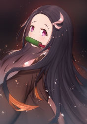 Rule 34 | 1girl, bamboo, bit gag, black hair, blush, brown hair, commentary request, forehead, from side, gag, hair ribbon, highres, japanese clothes, kamado nezuko, kimetsu no yaiba, kimono, long hair, looking at viewer, looking to the side, mouth hold, multicolored hair, open clothes, pink eyes, pink kimono, pink ribbon, ribbon, solo, two-tone hair, uneg, very long hair