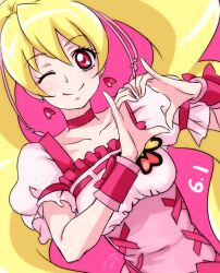 Rule 34 | 1girl, blonde hair, bow, breasts, chocokin, choker, closed mouth, collarbone, commentary request, cross-laced clothes, cross-laced dress, cure peach, dated, dress, dutch angle, earrings, eyelashes, framed breasts, fresh precure!, frilled dress, frills, hands up, heart, heart earrings, heart hands, jewelry, long hair, looking at viewer, medium breasts, one eye closed, pink wrist cuffs, precure, puffy short sleeves, puffy sleeves, purple background, purple bow, purple choker, purple dress, purple eyes, ribbon-trimmed dress, short sleeves, signature, smile, solo, square neckline, twintails, two-tone dress, upper body, very long hair, wavy hair, white dress, wrist bow, wrist cuffs