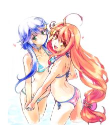 Rule 34 | 10s, 2girls, :d, ahoge, ass, bikini, blue bikini, blue hair, breasts, chikuwa (tks), crescent, crescent hair ornament, green eyes, hair ornament, heart, holding hands, kantai collection, long hair, looking at viewer, medium breasts, multiple girls, open mouth, partially submerged, pink bikini, red hair, short hair with long locks, small breasts, smile, striped bikini, striped clothes, swimsuit, uzuki (kancolle), very long hair, water, yayoi (kancolle), yellow eyes
