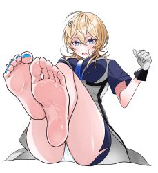 Rule 34 | 1girl, absurdres, barefoot, blonde hair, blue eyes, blue nails, blush, feet, foot focus, highres, kantai collection, long hair, looking at viewer, nail polish, open mouth, panties, pantyshot, simple background, soles, solo, toenail polish, toenails, toes, tuscaloosa (kancolle), underwear, white background