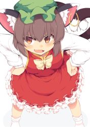 Rule 34 | 1girl, animal ears, bow, bowtie, breasts, brown hair, cat ears, cat tail, chen, dress, earrings, fang, frilled dress, frills, green hat, hands on own hips, hat, highres, jewelry, leaning forward, legs apart, lolimate, long sleeves, looking at viewer, medium breasts, multiple tails, open mouth, orange eyes, red dress, short dress, simple background, single earring, skin fang, slit pupils, smile, socks, solo, tail, touhou, two tails, white background, white socks, yellow bow, yellow bowtie
