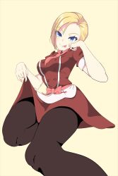 Rule 34 | 1girl, absurdres, aeris no q, blonde hair, blue eyes, closed mouth, highres, looking at viewer, magicami, pantyhose, short hair, simple background, sitting, thighs, tongue, tongue out, yukifune eriza
