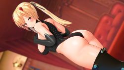 Rule 34 | 1girl, 3d, ass, bare shoulders, black leotard, black thighhighs, blonde hair, blush, breasts, curvy, elbow gloves, from behind, gloves, highleg, highleg leotard, highres, large breasts, leotard, long hair, looking at viewer, looking back, minamo rm, original, red eyes, sideboob, solo, thick thighs, thighhighs, thighs, twintails, wide hips