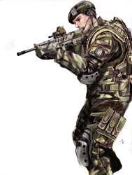 Rule 34 | 1boy, absurdres, aiming, alliance of valiant arms, ammunition pouch, assault rifle, beret, black eyes, black gloves, black hair, body armor, bottle, buckle, bullpup, camouflage, camouflage jacket, camouflage pants, canteen, closed mouth, commentary, cropped legs, dickbomber, elbow pads, english commentary, facial hair, fatigues, feet out of frame, from side, gloves, green hat, green jacket, green pants, gun, hat, hat ornament, headset, highres, holding, holding gun, holding weapon, iwi tavor, jacket, knee pads, lips, load bearing vest, long sleeves, looking afar, male focus, microphone, military, military hat, military jacket, military uniform, nose, nostrils, optical sight, pants, patch, pocket, pouch, rifle, short hair, simple background, snap-fit buckle, soldier, solo, thigh pouch, tropical camouflage, uniform, very short hair, water bottle, weapon, white background