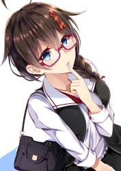Rule 34 | 10s, 1girl, adapted costume, ahoge, bag, bespectacled, blue eyes, braid, brown hair, dutch angle, finger to mouth, glasses, hair flaps, hair ornament, hair over shoulder, jewelry, kantai collection, long hair, looking up, necklace, parted lips, red-framed eyewear, semi-rimless eyewear, shigure (kancolle), shigure kai ni (kancolle), single braid, solo, suishin tenra, suitenjh