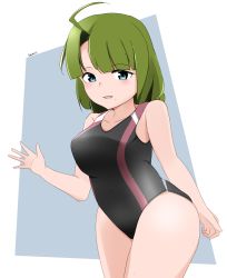 Rule 34 | 1girl, absurdres, ahoge, black one-piece swimsuit, blue eyes, braid, breasts, competition swimsuit, green hair, haneda (tsukubane), highres, kantai collection, large breasts, leaning forward, long hair, mole, mole under mouth, one-piece swimsuit, single braid, solo, swimsuit, very long hair, waving, yuugumo (kancolle)