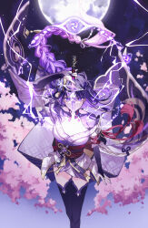 Rule 34 | 1girl, absurdres, armor, blunt bangs, braid, breasts, bridal gauntlets, cherry blossoms, drawing sword, electricity, feet out of frame, floating clothes, floating hair, flower, full moon, genshin impact, highres, holding, holding sword, holding weapon, human scabbard, japanese clothes, kimono, long hair, looking at viewer, low-braided long hair, low-tied long hair, medium breasts, mitsudomoe (shape), mole, mole under eye, moon, musou isshin (genshin impact), night, night sky, nogi (nokisaki), obi, obiage, obijime, parted lips, purple eyes, purple flower, purple hair, purple kimono, purple nails, purple thighhighs, raiden shogun, sash, serious, shoulder armor, shrug (clothing), sidelocks, sky, solo, star (sky), straight-on, sword, thighhighs, tomoe (symbol), weapon