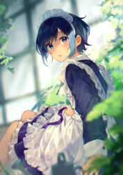 Rule 34 | 1boy, apron, black dress, black eyes, black hair, black ribbon, blush, crossdressing, dress, feet out of frame, frilled apron, frilled dress, frills, from side, hand on own thigh, harecaba, headband, highres, jewelry, long sleeves, looking at viewer, maid, maid headdress, necklace, open mouth, original, plant, ribbon, ring, ring necklace, short hair, sitting, sleeve cuffs, solo, trap, wet, wet hair, white apron, white headband