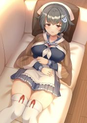 Rule 34 | 1girl, apron, bandana, black hair, blue sailor collar, blue serafuku, blue skirt, blush, breasts, brown shawl, couch, cushion, hair between eyes, hair flaps, hair ornament, hairband, hairclip, headgear, highres, indoors, jingei (kancolle), kantai collection, large breasts, long hair, looking at viewer, low ponytail, lying, neckerchief, on couch, pillow, pleated skirt, red eyes, sailor collar, school uniform, senbei (senbe i), serafuku, shawl, skirt, solo, thighhighs, two-tone hairband, waist apron, whale hair ornament, white apron, white bandana, white neckerchief, white thighhighs