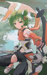 Rule 34 | 1other, 3balkan, animal ears, armor, bow (weapon), cat ears, clothing cutout, foot out of frame, green eyes, green hair, highres, juniper (xenoblade), leg tattoo, looking at viewer, navel cutout, orange armor, orange scarf, other focus, outdoors, scarf, solo, tattoo, weapon, xenoblade chronicles (series), xenoblade chronicles 3
