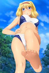 Rule 34 | 1girl, absurdres, alice margatroid, bare arms, bare legs, barefoot, bikini, bikini bottom only, blonde hair, blue eyes, blush, breasts, clenched teeth, day, embarrassed, feet, female focus, foot focus, forest, from below, groin, hands on own hips, highres, legs, looking at viewer, medium breasts, medium hair, nature, navel, outdoors, sky, soles, solo, standing, swimsuit, teeth, thighs, toes, touhou, two-tone bikini, two-tone swimsuit, yadokari genpachirou