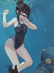 Rule 34 | 1girl, absurdres, air bubble, black hair, blue one-piece swimsuit, breasts, bubble, commission, competition swimsuit, covered navel, diving mask, diving mask on head, freediving, goggles, goggles on head, green eyes, hamaguchi ayame, highres, holding breath, idashige (walkietalkie), idolmaster, idolmaster cinderella girls, medium breasts, one-piece swimsuit, outstretched arm, pixiv commission, sidelocks, solo, swimsuit, underwater