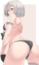 Rule 34 | 1girl, bare shoulders, bikini, black gloves, blue eyes, blush, breasts, colored eyelashes, duplicate, gloves, grey hair, half-closed eyes, highres, jjune, large breasts, looking at viewer, maid, maid bikini, original, outside border, pixel-perfect duplicate, short hair, smile, solo, swimsuit, thighs, unconventional maid, white background