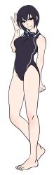 Rule 34 | 1girl, arms at sides, barefoot, black eyes, black hair, black one-piece swimsuit, bob cut, breasts, closed mouth, competition swimsuit, eyelashes, full body, goggles, goggles around neck, groin, hair between eyes, hand up, highleg, highleg swimsuit, highres, inugami kyouko, light smile, looking at viewer, medium breasts, nihonbashi yowoko, official art, one-piece swimsuit, school swimsuit, short hair, shoujo fight, simple background, smile, standing, standing on one leg, swimsuit, thighs, tight clothes, toes
