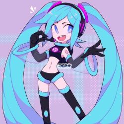 Rule 34 | 1girl, black footwear, black gloves, black shirt, black shorts, blue eyes, blue hair, boots, breasts, crop top, crossover, detached sleeves, gloves, hair ornament, hatsune miku, headphones, headset, long hair, long sleeves, looking to the side, midriff, navel, open mouth, purple background, see-through, see-through sleeves, sega, shirt, shorts, shoulder tattoo, small breasts, smile, space channel 5, sprayjea, standing, tattoo, teeth, thigh boots, thighhighs, twintails, vocaloid