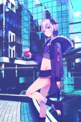 Rule 34 | 1girl, androgynous, bandages, bandaged leg, bandages, bike shorts, black pants, building, commentary, crop top, cup, flat chest, flower (vocaloid), fur-trimmed hood, fur trim, gynoid talk, highres, holding, holding cup, hood, hooded jacket, jacket, kisalaundry, leaning back, leg up, looking at viewer, midriff, multicolored hair, nail polish, toeless footwear, osaka (city), pants, photo background, purple eyes, purple hair, purple jacket, purple nails, see-through, short hair, solo, streaked hair, flower (gynoid talk), flower (vocaloid4), vocaloid, white hair