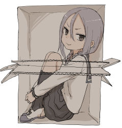 Rule 34 | 1girl, absurdres, black sailor collar, black skirt, black socks, box, braid, brown eyes, closed mouth, commentary request, full body, hair between eyes, hair over shoulder, highres, hugging own legs, in box, in container, interlocked fingers, long sleeves, looking at viewer, low twintails, own hands together, parted bangs, pleated skirt, purple hair, sailor collar, shirt, shoes, simple background, skirt, socks, solo, soredemo ayumu wa yosetekuru, twin braids, twintails, uwabaki, v-shaped eyebrows, white background, white footwear, white shirt, x-ray, yamamoto souichirou, yaotome urushi