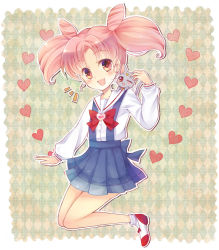 Rule 34 | 1990s (style), 1girl, animal, animal on shoulder, argyle, argyle background, argyle clothes, bishoujo senshi sailor moon, bow, brooch, cat, cat on shoulder, chibi usa, child, cone hair bun, crescent, crescent facial mark, diana (sailor moon), double bun, facial mark, full body, green background, hair bun, heart, heart brooch, jewelry, kage no utage, one eye closed, pink hair, red eyes, retro artstyle, ribbon, school uniform, shoes, short hair, skirt, smile, twintails, wink